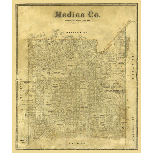 Historic County Map - Medina County Texas - Blau 1880 - Vintage Wall Art