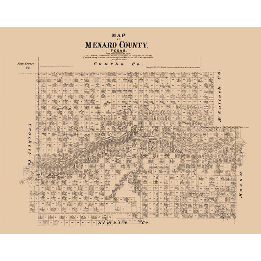 Historic County Map - Menard County Texas - Walsh 1879 - Vintage Wall Art