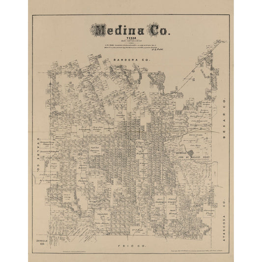 Historic County Map - Medina County Texas - Walsh 1879 - Vintage Wall Art