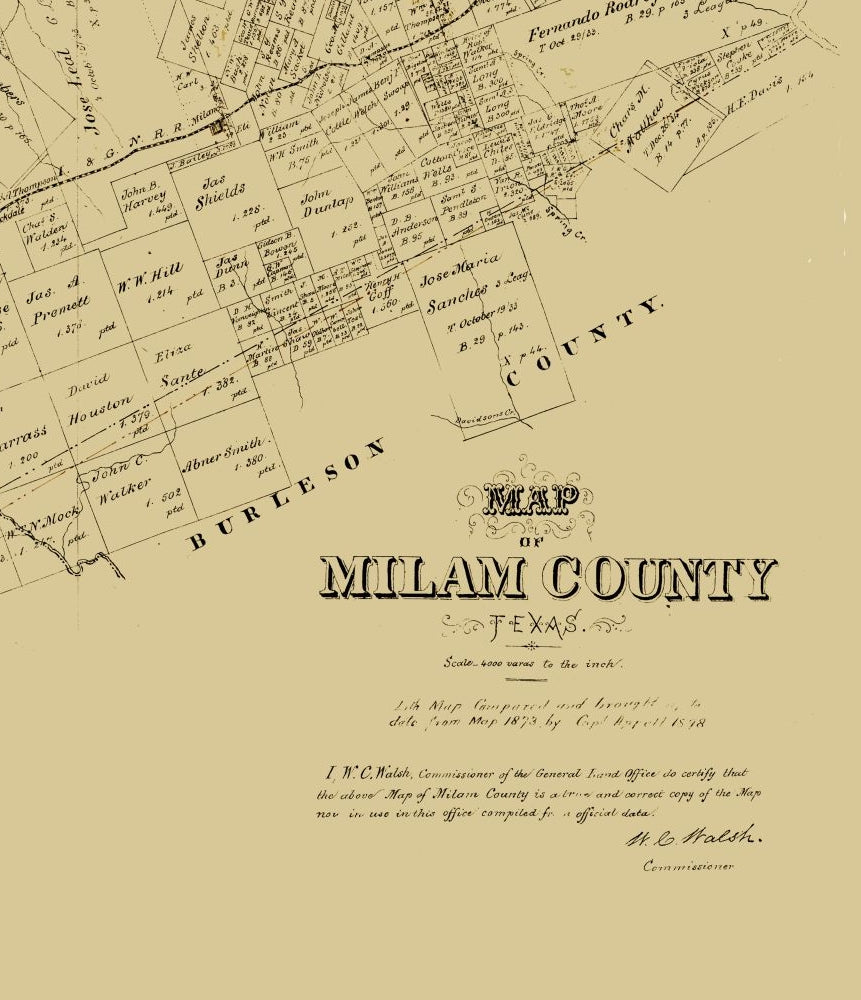 Historic County Map - Milam County Texas - Walsh 1879 - 23 x 26.71 - Vintage Wall Art