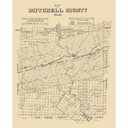 Historic County Map - Mitchell County Texas - Abrams 1890 - Vintage Wall Art