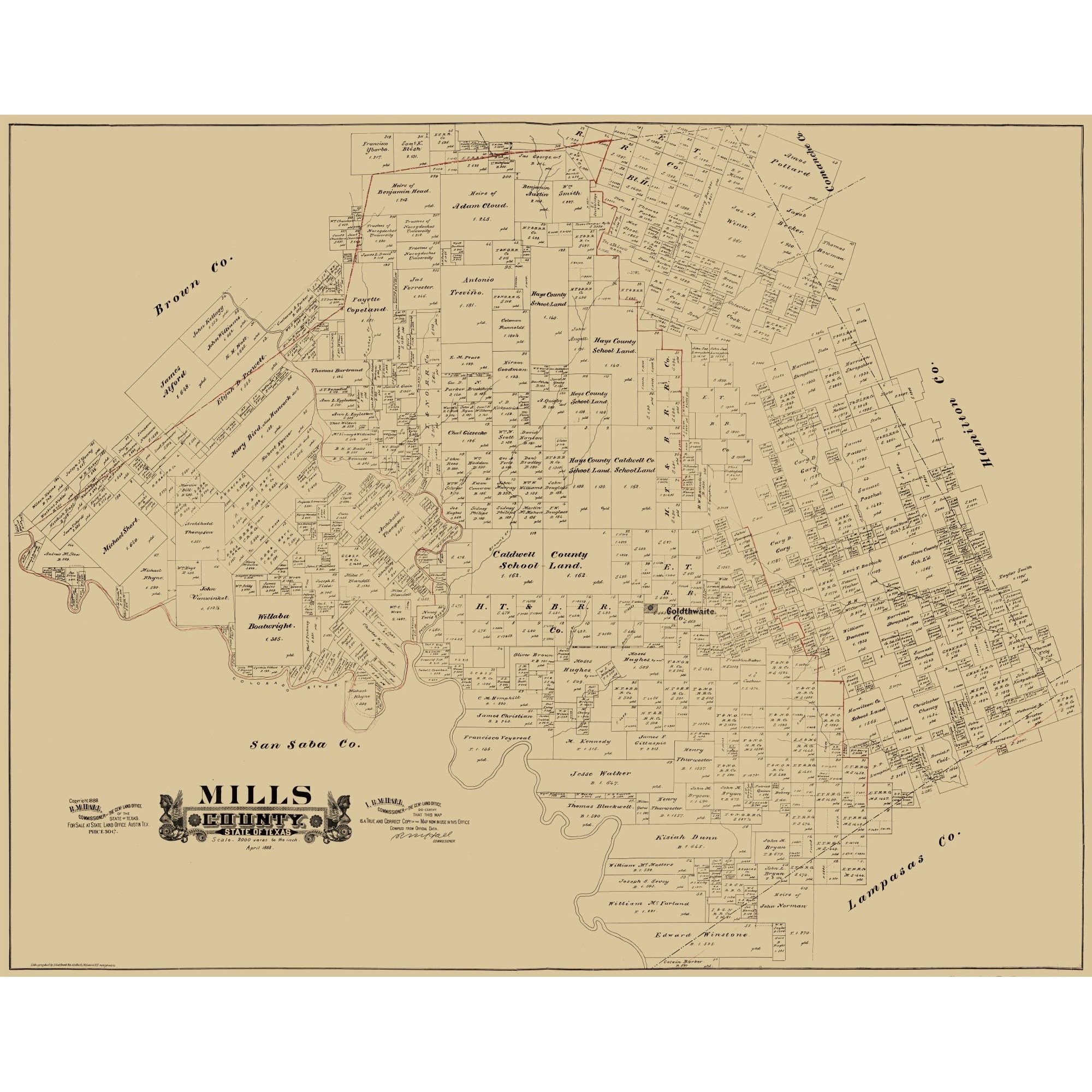 Historic County Map - Mills County Texas - Hall 1888 - 29.12 x 23 - Vi ...