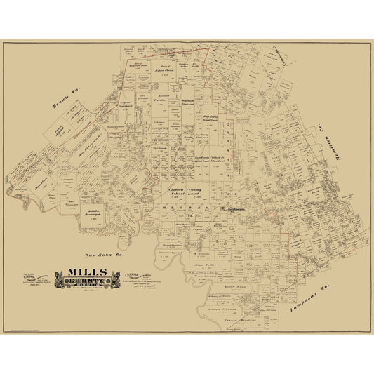 Historic County Map - Mills County Texas - Hall 1888 - Vintage Wall Art