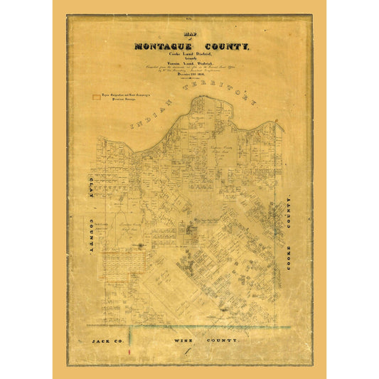 Historic County Map - Montague County Texas - Rosenberg 1858 - Vintage Wall Art
