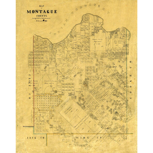 Historic County Map - Montague County Texas - Stakeman 1868 - Vintage Wall Art