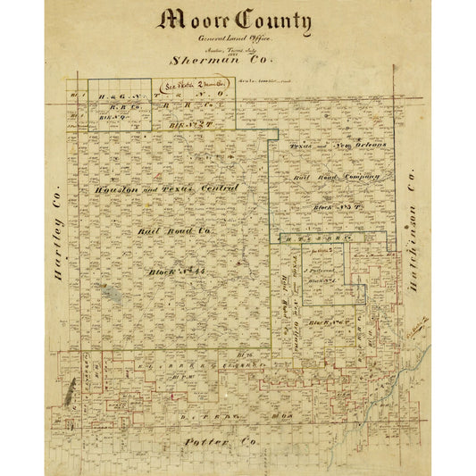 Historic County Map - Moore County Texas - General Land Office 1884 - Vintage Wall Art