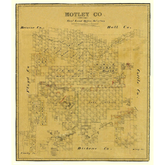Historic County Map - Motley County Texas - Matthews 1879 - Vintage Wall Art