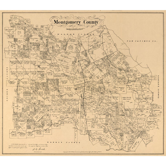 Historic County Map - Montgomery County Texas - Walsh 1880 - Vintage Wall Art