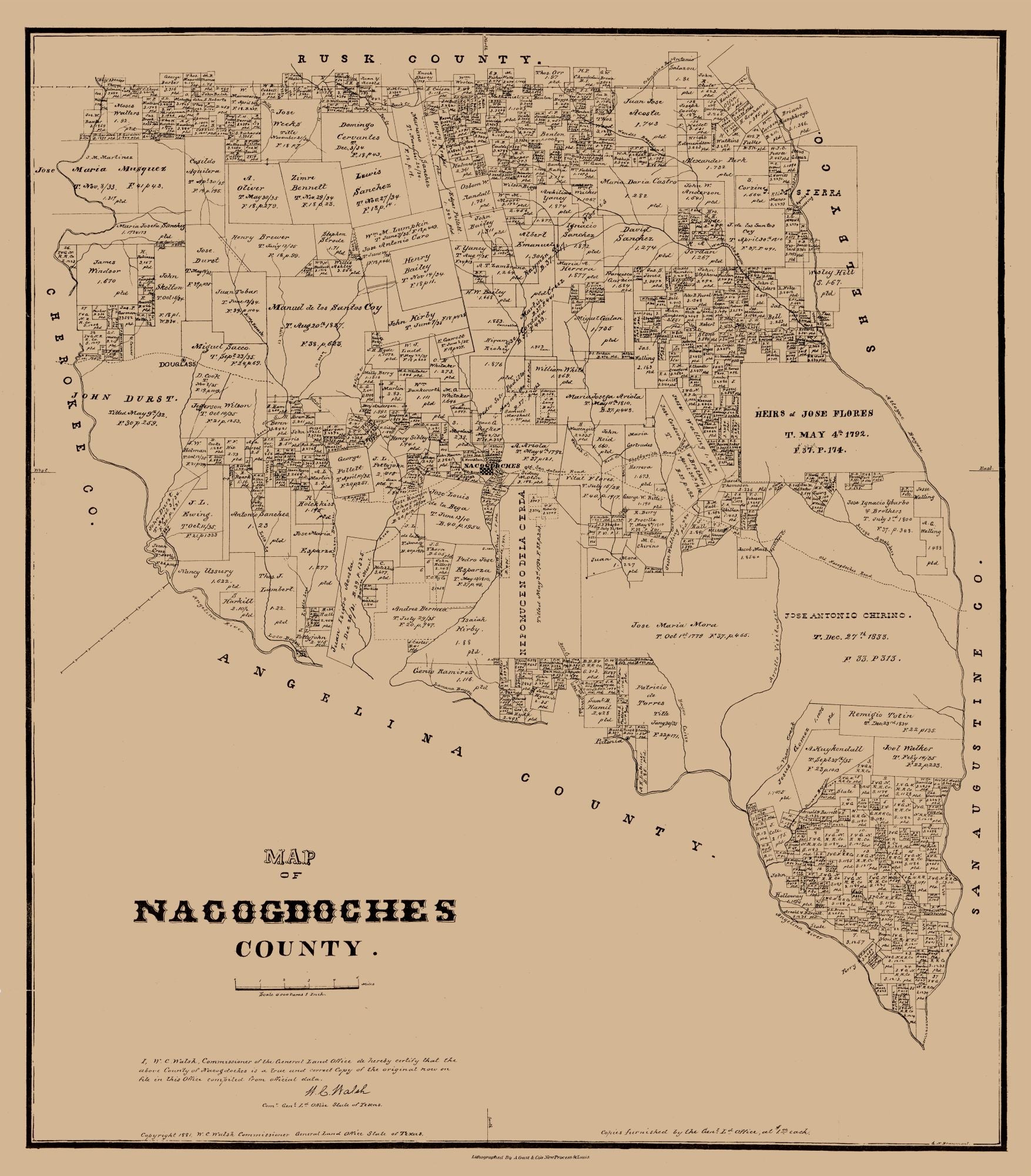 Historic County Map - Nacogdoches County Texas - Walsh 1881 - 23 x 26 ...