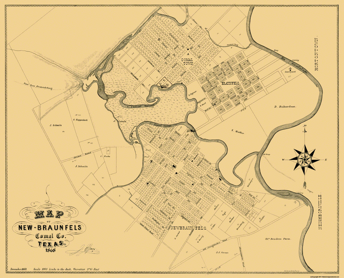 Historic City Map - New Braunfels Texas - Groos 1868 - 28.44 x 23 - Vintage Wall Art