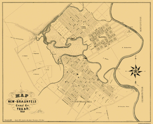 Historic City Map - New Braunfels Texas - Groos 1868 - 28.44 x 23 - Vintage Wall Art