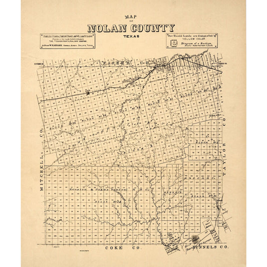 Historic County Map - Nolan County Texas - General Land Office 1890 - Vintage Wall Art