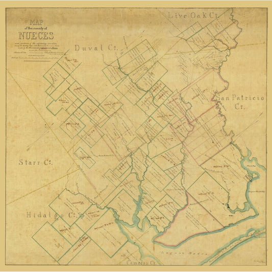 Historic County Map - Nueces County Texas - Blucher 1859 - Vintage Wall Art