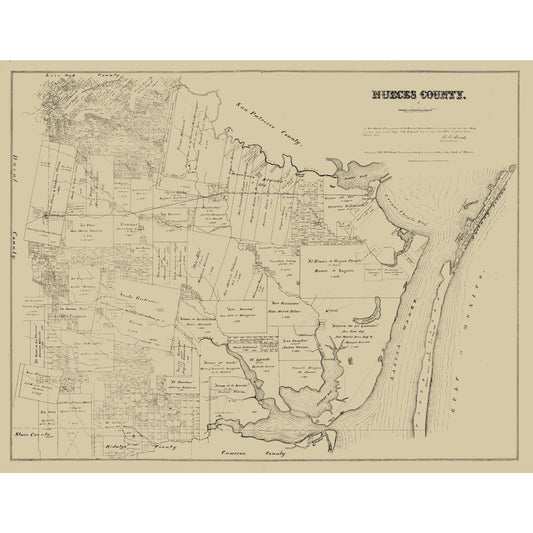 Historic County Map - Nueces County Texas - Walsh 1879 - Vintage Wall Art