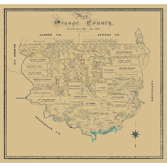 Historic County Map - Orange County Texas - Biau 1886 - Vintage Wall Art