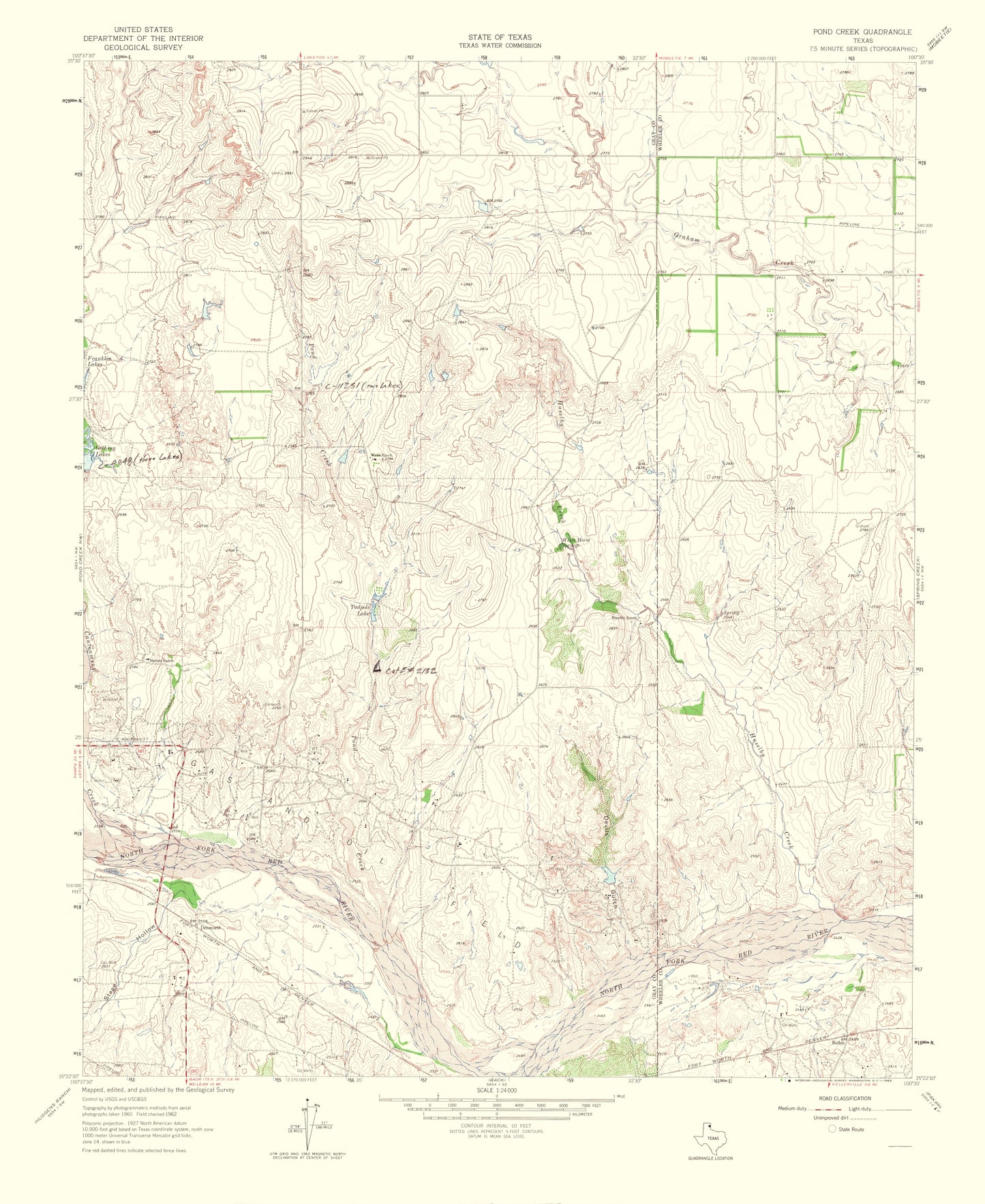 Topographical Map - Pond Creek Texas Quad - USGS 1965 - 23 x 28.12 - Vintage Wall Art