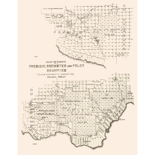Historic County Map- Presidio Brewster Foley - Texas and Pacific 1891 - WallArt