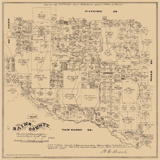 Historic County Map - Rains County Texas - Walsh 1880 - Vintage Wall Art