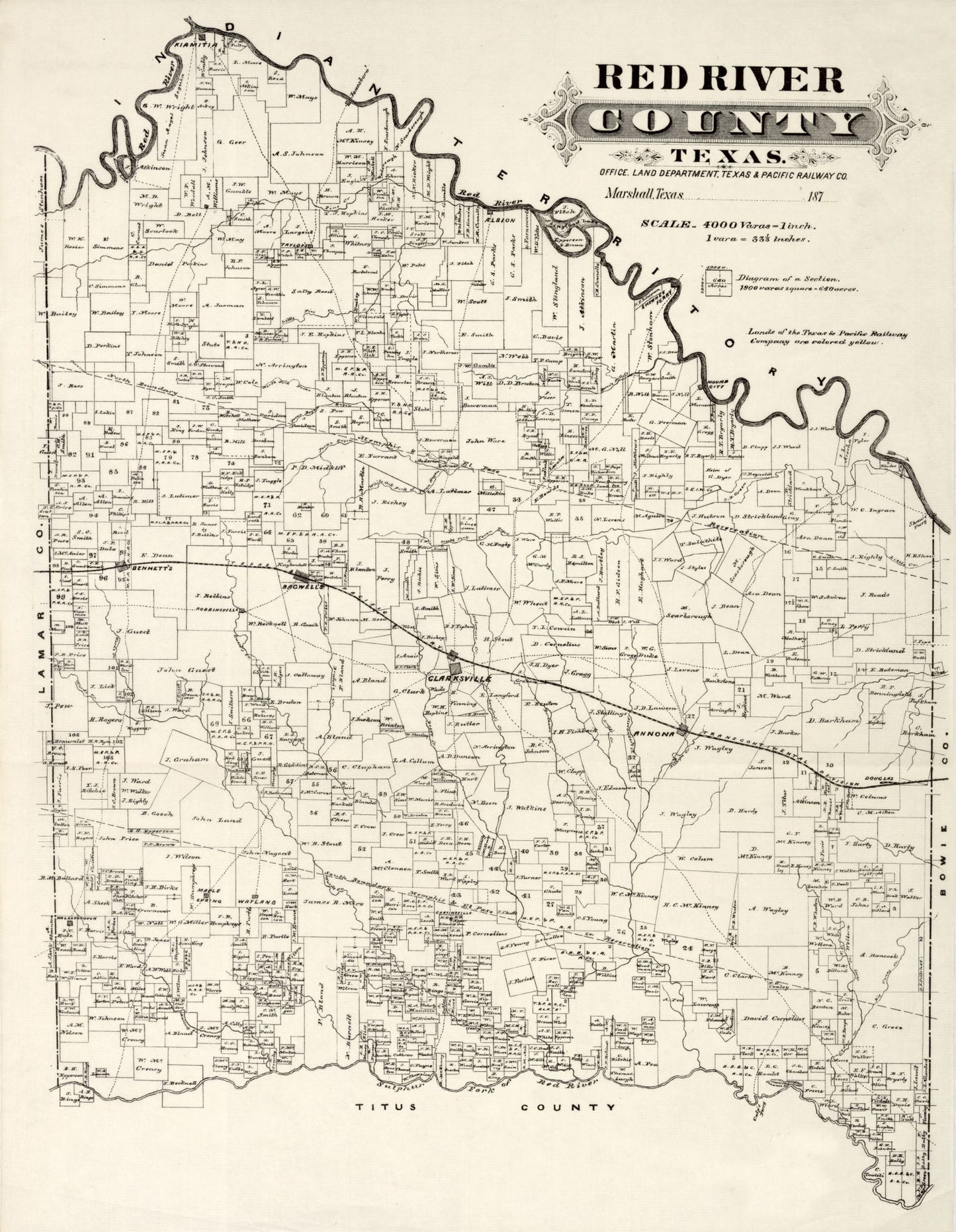 Historic County Map - Red River County - Texas and Pacific 1870 - 23 x 29.62 - Vintage Wall Art