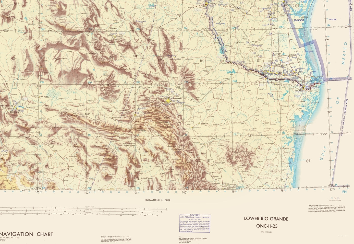 Topographical Map - Lower Rio Grande New Mexico Texas Aeronautical Sheet - USAF 1964 - 23 x 33 - Vintage Wall Art