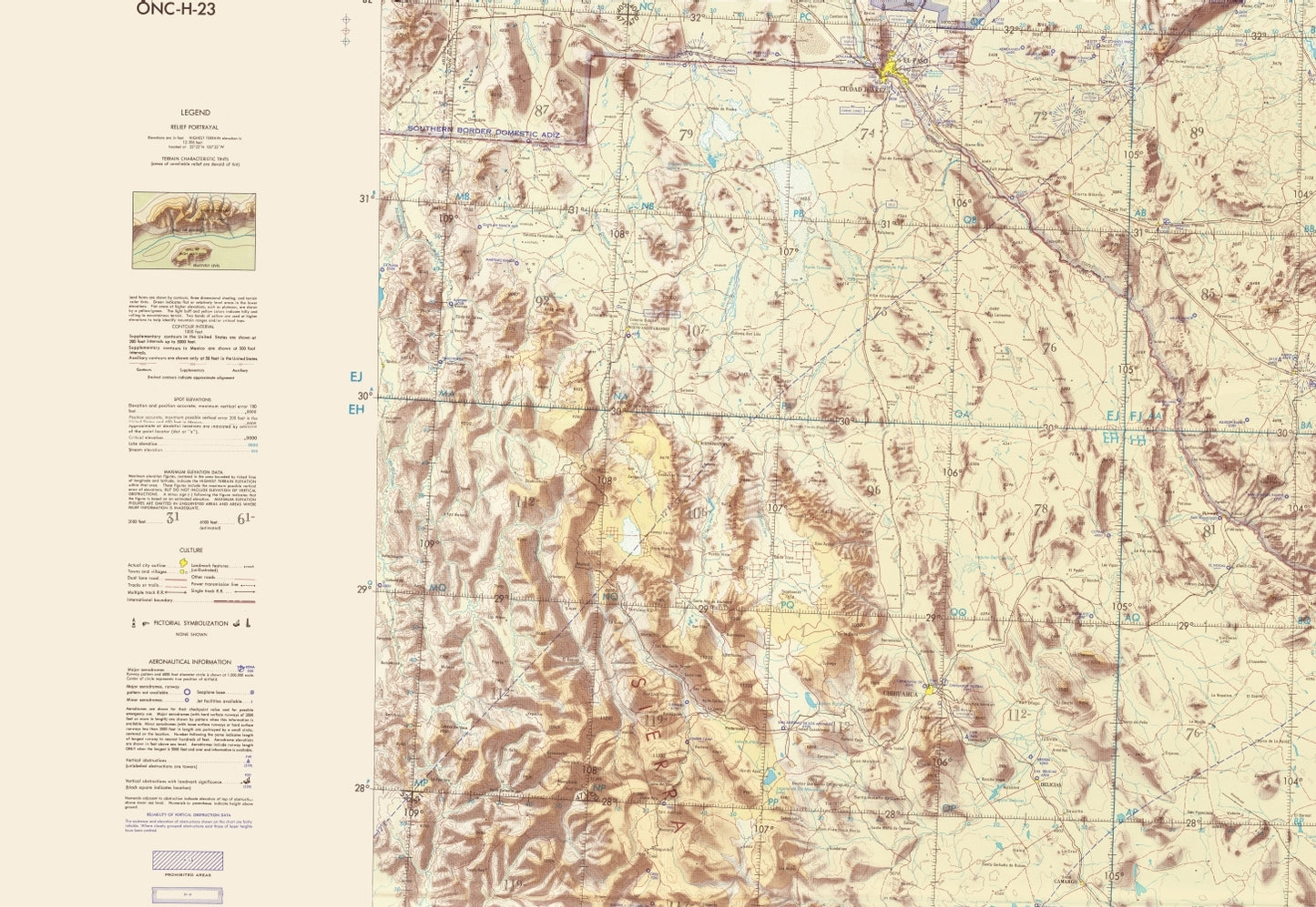 Topographical Map - Lower Rio Grande New Mexico Texas Aeronautical Sheet - USAF 1964 - 23 x 33 - Vintage Wall Art