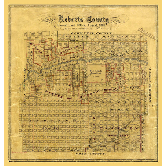 Historic County Map - Roberts County Texas - Hausmann 1889 - Vintage Wall Art