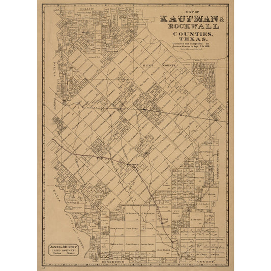 Historic County Map - Kaufman Rockwall Counties Texas - Murphy 1878 - Vintage Wall Art