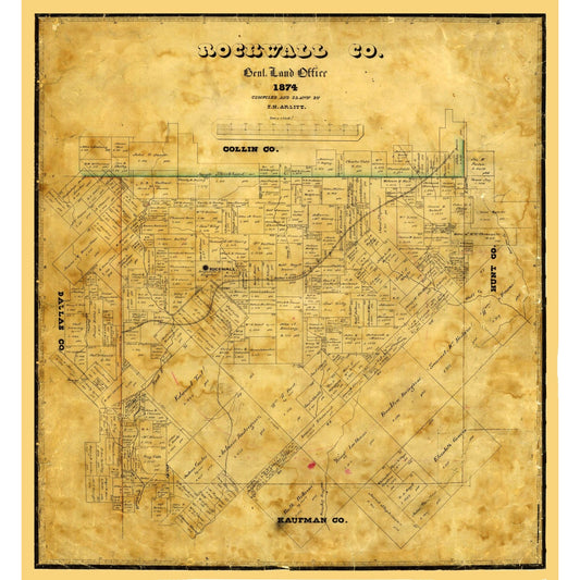 Historic County Map - Rockwall County Texas - Arlitt 1874 - Vintage Wall Art