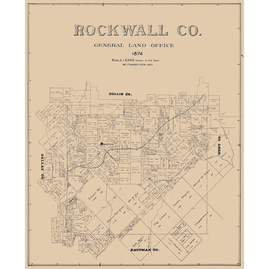 Historic County Map - Rockwall County Texas - 1874 - Vintage Wall Art