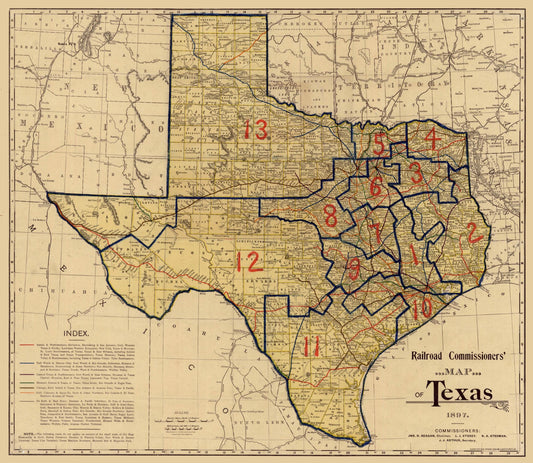 Railroad Map - Texas Railroad Commissioners - 1897 - 23 x 26.47 - Vintage Wall Art