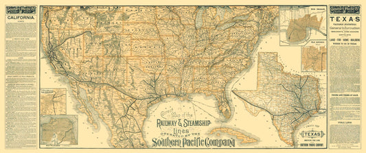 Railroad Map - Texas Railway Steamship - Haus 1894 - 23 x 54.95 - Vintage Wall Art