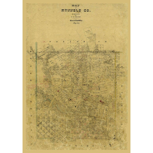 Historic County Map - Runnels County Texas - Brown 1867 - Vintage Wall Art