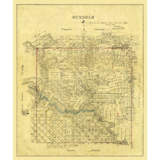 Historic County Map - Runnels County Texas - 1878 - Vintage Wall Art