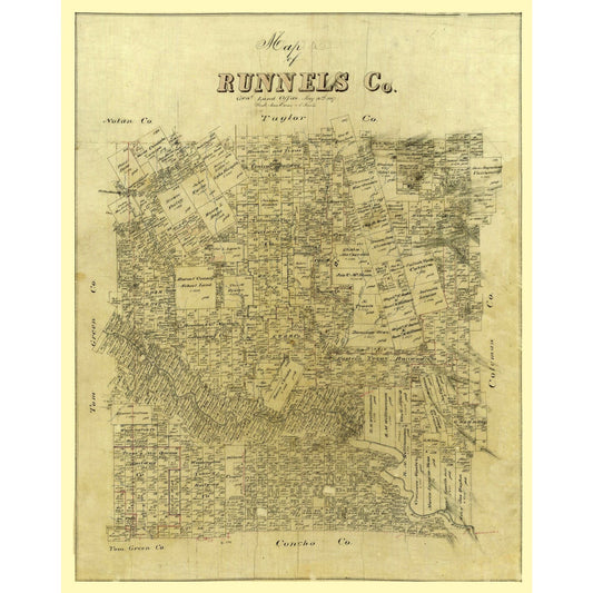 Historic County Map- Runnels County Texas - General Land Office 1887 - Vintage Wall Art