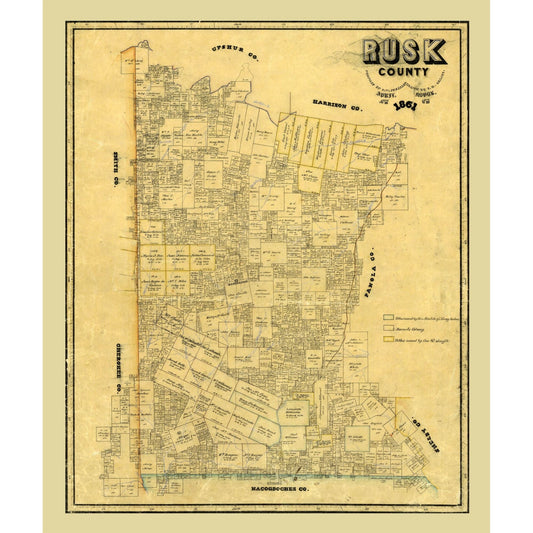 Historic County Map - Rusk County Texas - Pressler 1861 - Vintage Wall Art