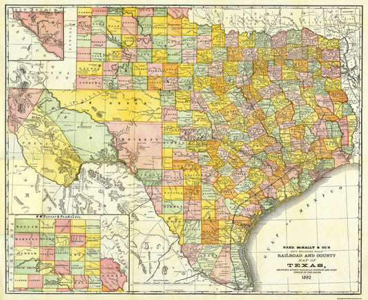 Railroad Map - Texas Railroads Counties - Rand McNally 1882 - 28.13 x 23 - Vintage Wall Art