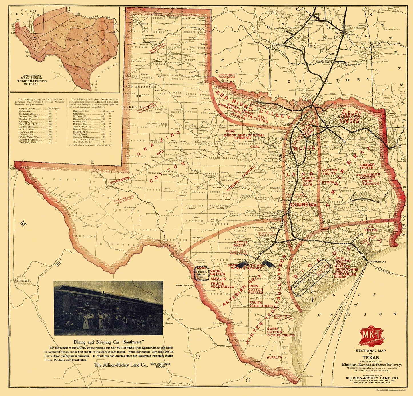 Railroad Map - Missouri Kansas and Texas Railroad - Parker 1907 - 24 x 23 - Vintage Wall Art
