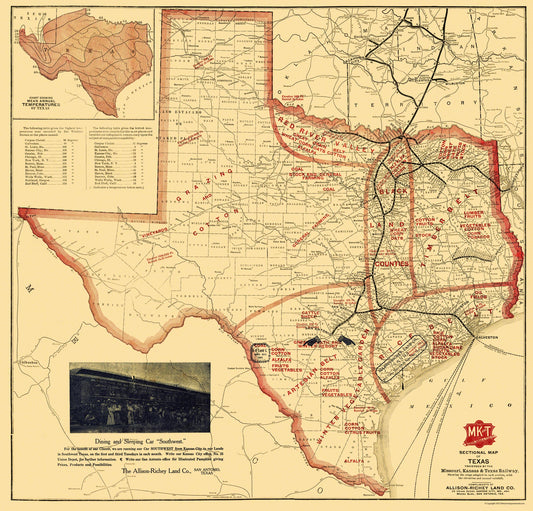 Railroad Map - Missouri Kansas and Texas Railroad - Parker 1907 - 24 x 23 - Vintage Wall Art