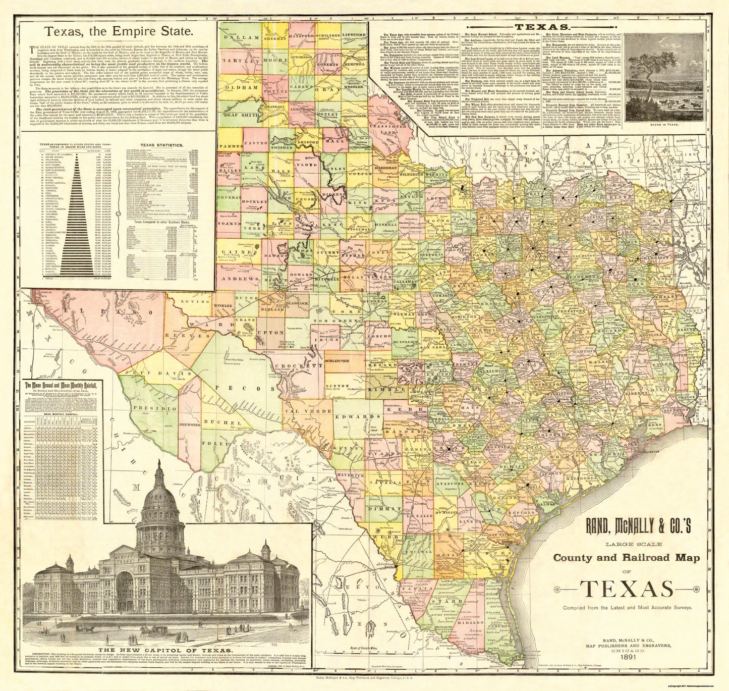 Railroad Map - Texas Counties Railroads - Rand McNally 1891 - 24.25 x 23 - Vintage Wall Art