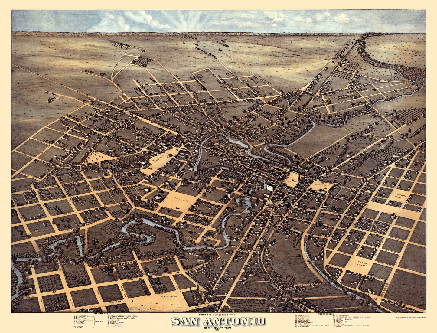 Historic Panoramic View - San Antonio Texas - 1873 - 23 x 30.19 - Vintage Wall Art