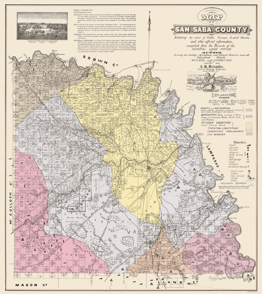 Historic County Map - San Saba County Texas - General Land Office 1876 - 23 x 25.77 - Vintage Wall Art