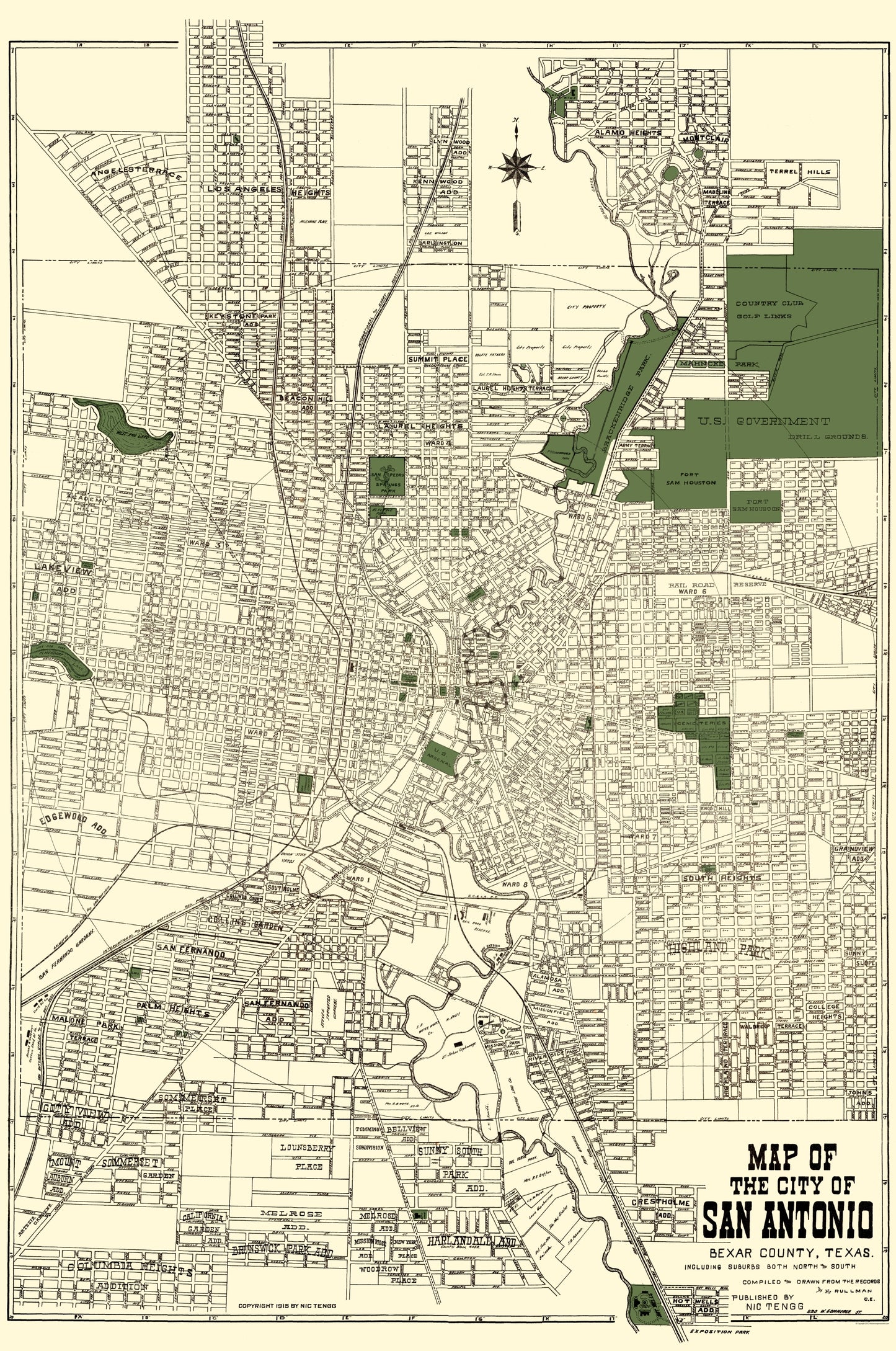 Historic City Map - San Antonio Texas - Tengg 1915 - 23 x 34.67 - Vintage Wall Art