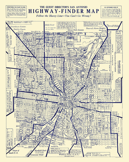 Historic City Map - San Antonio Texas Highway Finder - 1929 - 23 x 28.73 - Vintage Wall Art