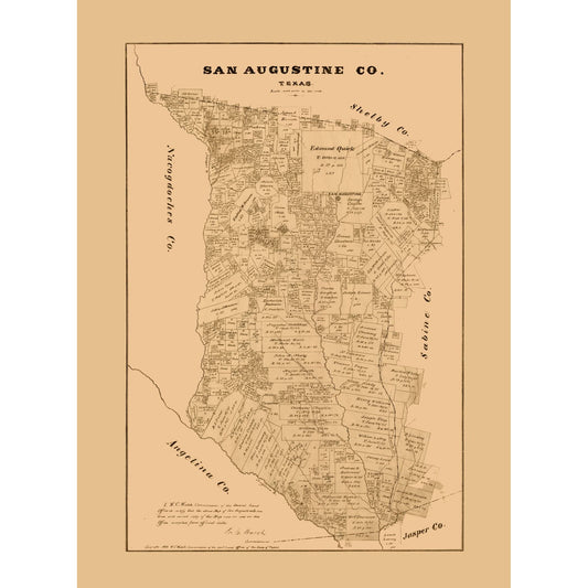 Historic County Map - San Augustine County Texas - Walsh 1879 - Vintage Wall Art