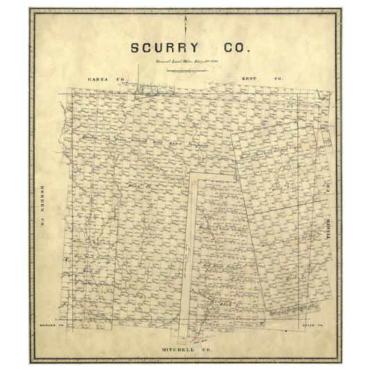 Historic County Map - Scurry County Texas - Walsh 1880 - Vintage Wall Art