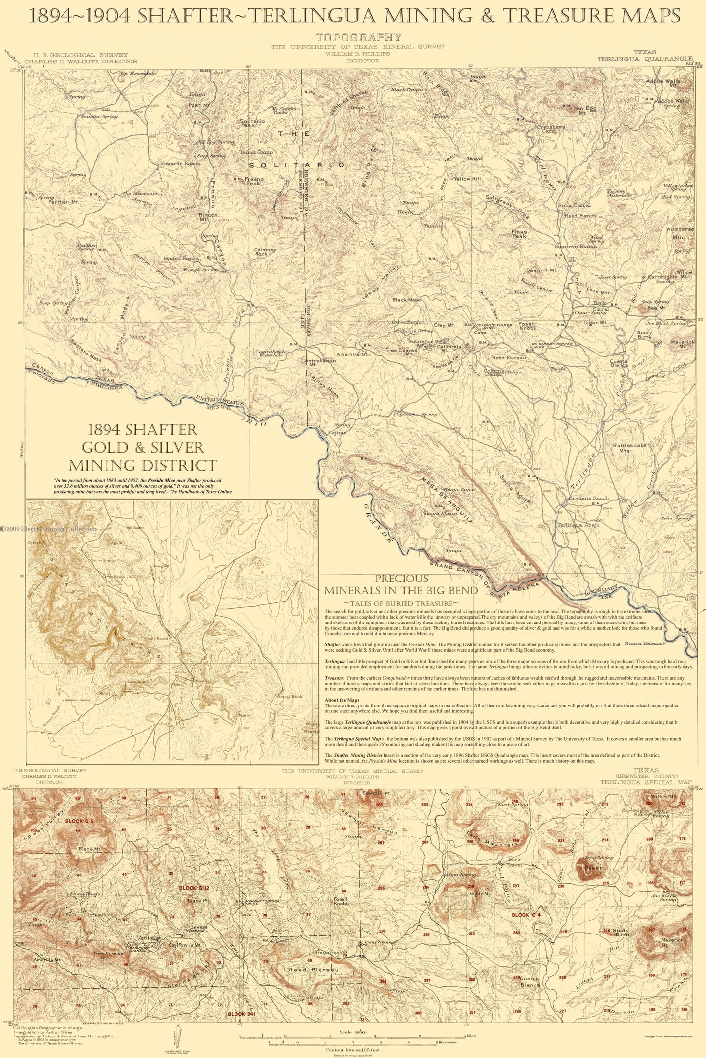 Topographical Map - Shafter Terlingua Texas Mining Treasures Quad - USGS 1904 - 23 x 34 - Vintage Wall Art