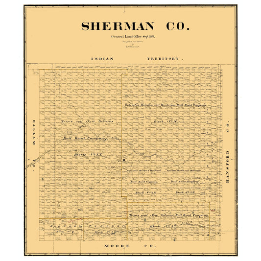 Historic County Map - Sherman County Texas - Beaumont 1889 - Vintage Wall Art