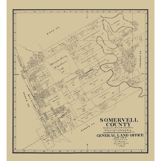 Historic County Map - Somervell County Texas - Theilepape 1884 - Vintage Wall Art