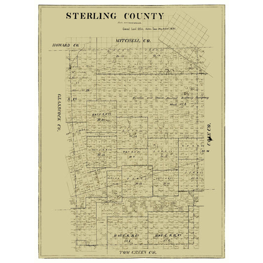 Historic County Map- Sterling County Texas - General Land Office 1891 - Vintage Wall Art