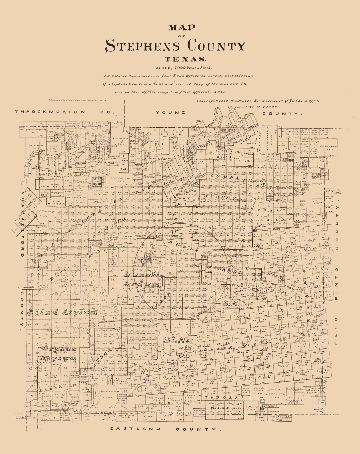 Historic County Map - Stephens County Texas - Walsh 1879 - 23 x 29.02 - Vintage Wall Art